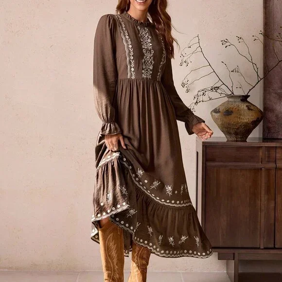 Coffee Brown Party Women's Frill Maxi Dress - Picture 3 of 7